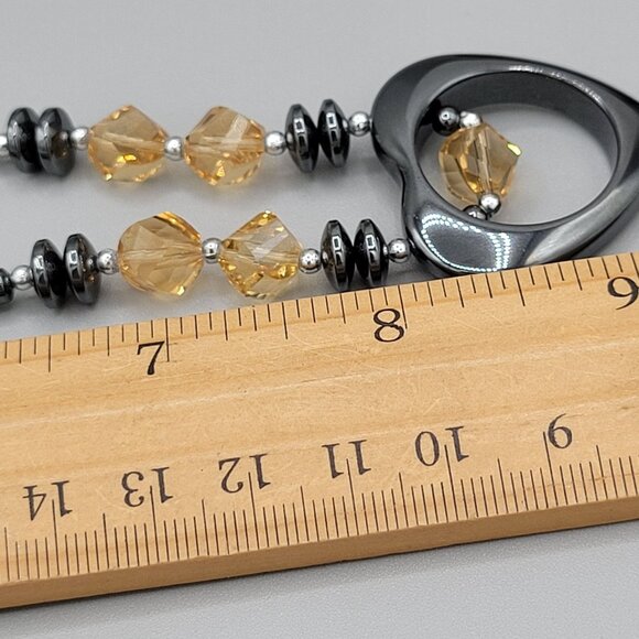 Hematite Open Heart Pendant Statement Necklace Orange Bead Accents 16" - Picture 7 of 8